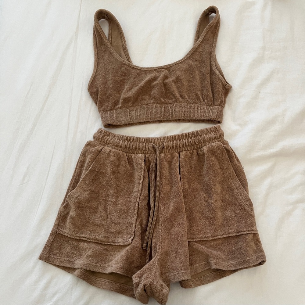 brown zara terry cloth beach top shorts set